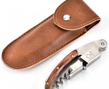 Dụng cụ khui rượu inox cán gỗ cao cấp (kèm bao da)